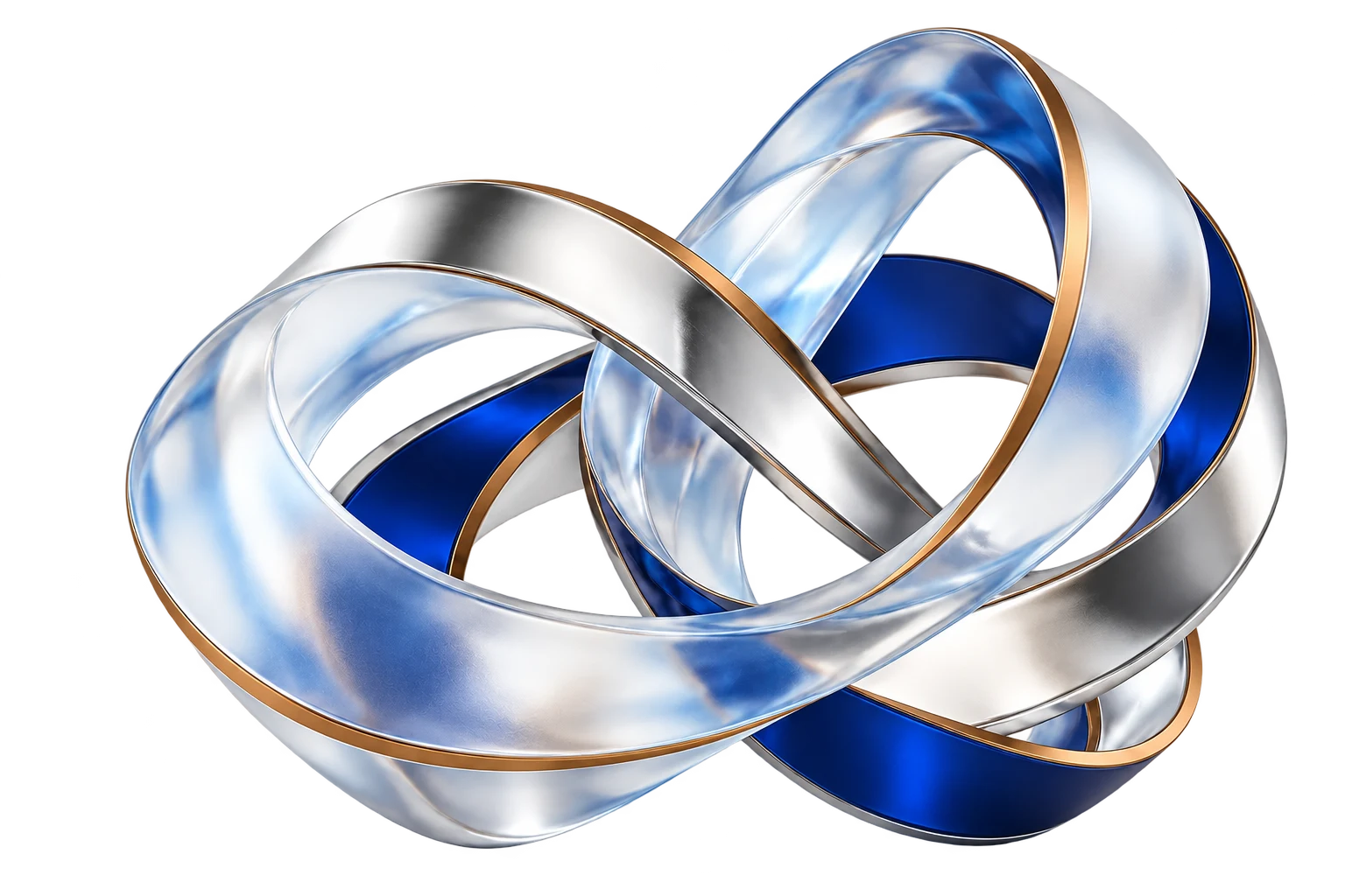 Sculptural glass ribbons in blue and bronze, expressing connected liquidity